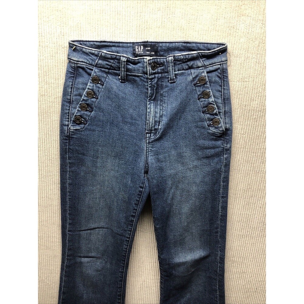 Gap Denim Jeans 70s Flare Size 2/26R Sailor Buttons Distressed - Picture 3 of 16